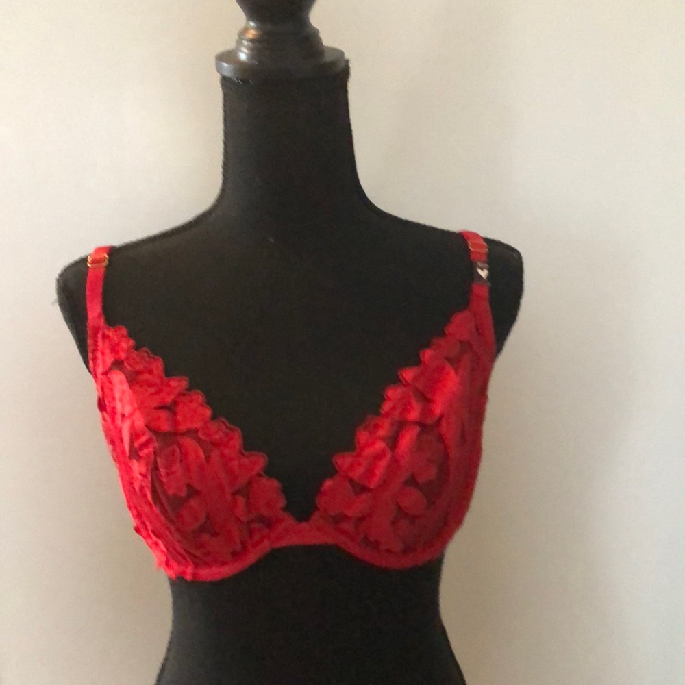 Victoria’s Secret red lace bra. New: 36D.  Excellent condition!